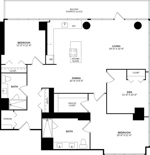 A black and white floor plan of a house with two bedrooms, a living room, a kitchen, a bathroom, a closet, a storage area, and a den.